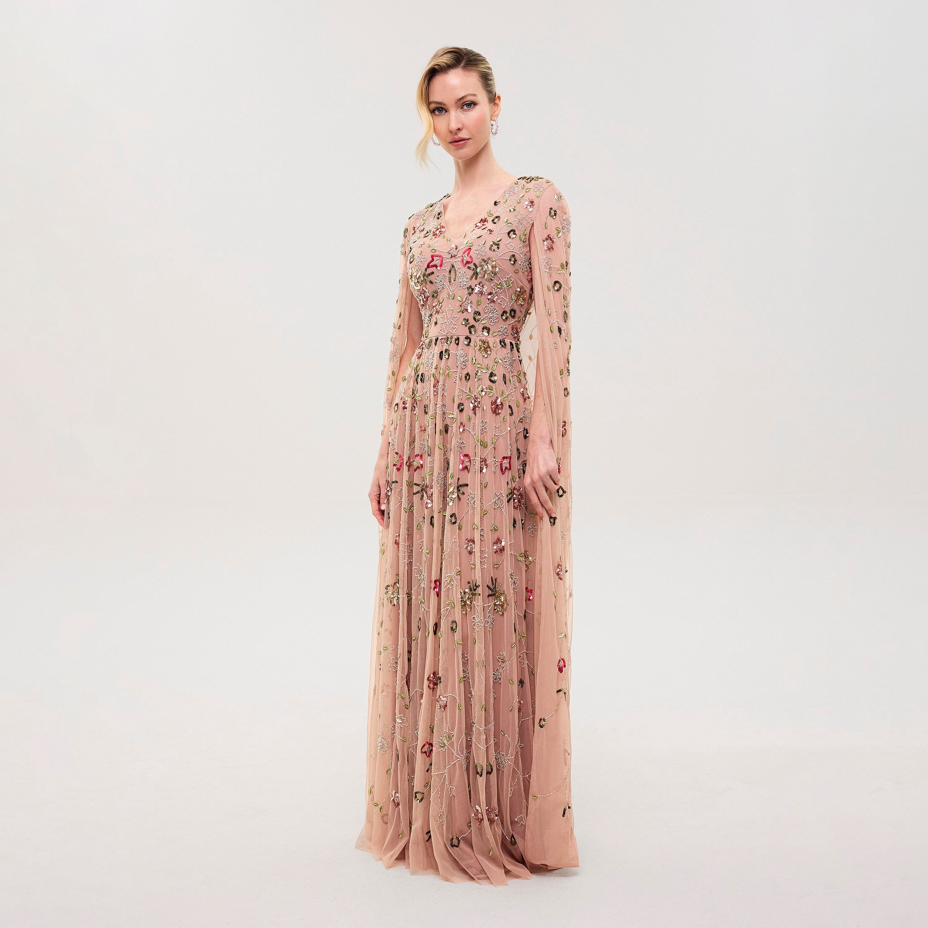Beauut Zyra Frosted Pink Beaded & Sequined Mesh Cap Sleeves Flared Women's Evening Maxi Dress-women-clothing-dresses-image-4