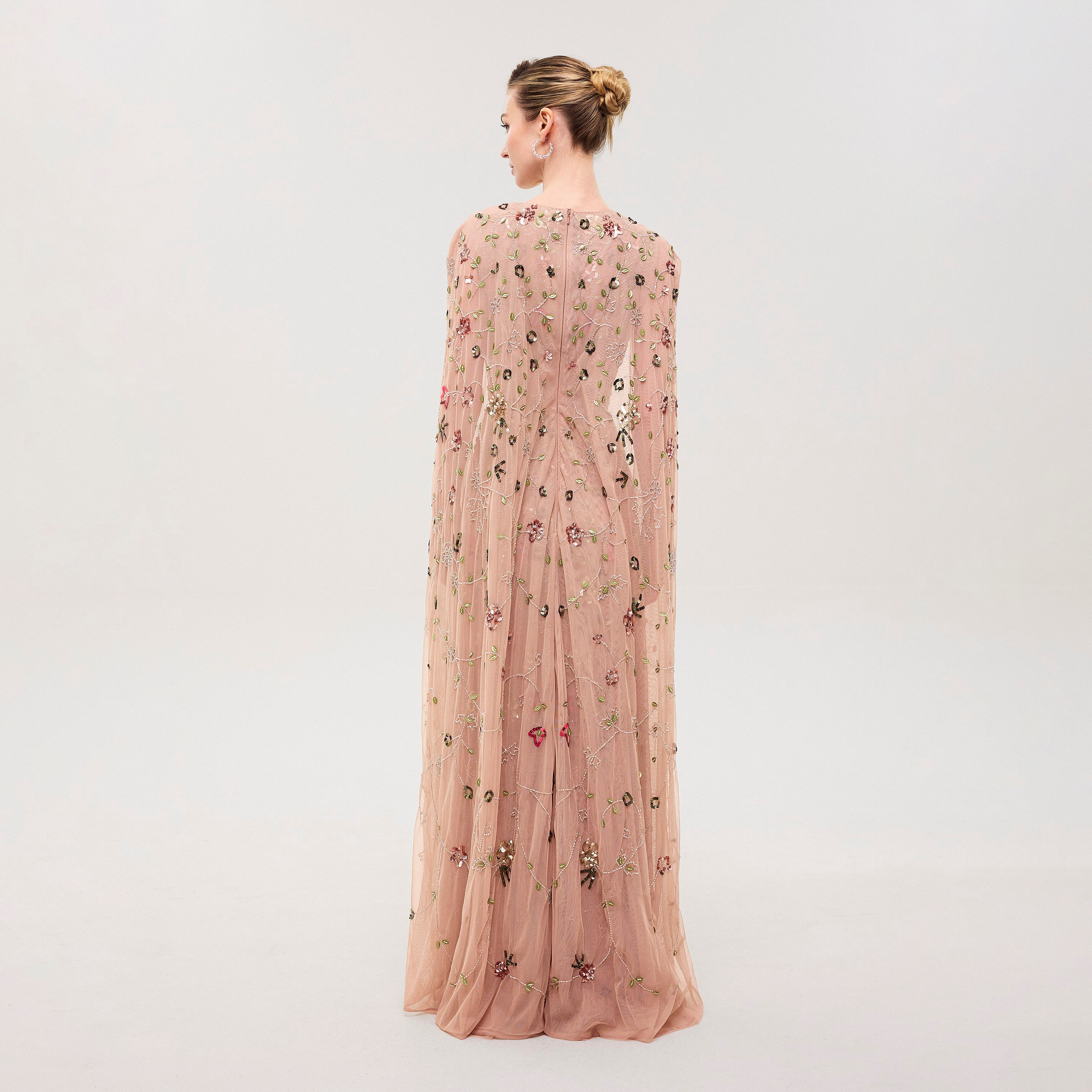 Beauut Zyra Frosted Pink Beaded & Sequined Mesh Cap Sleeves Flared Women's Evening Maxi Dress-women-clothing-dresses-image-5