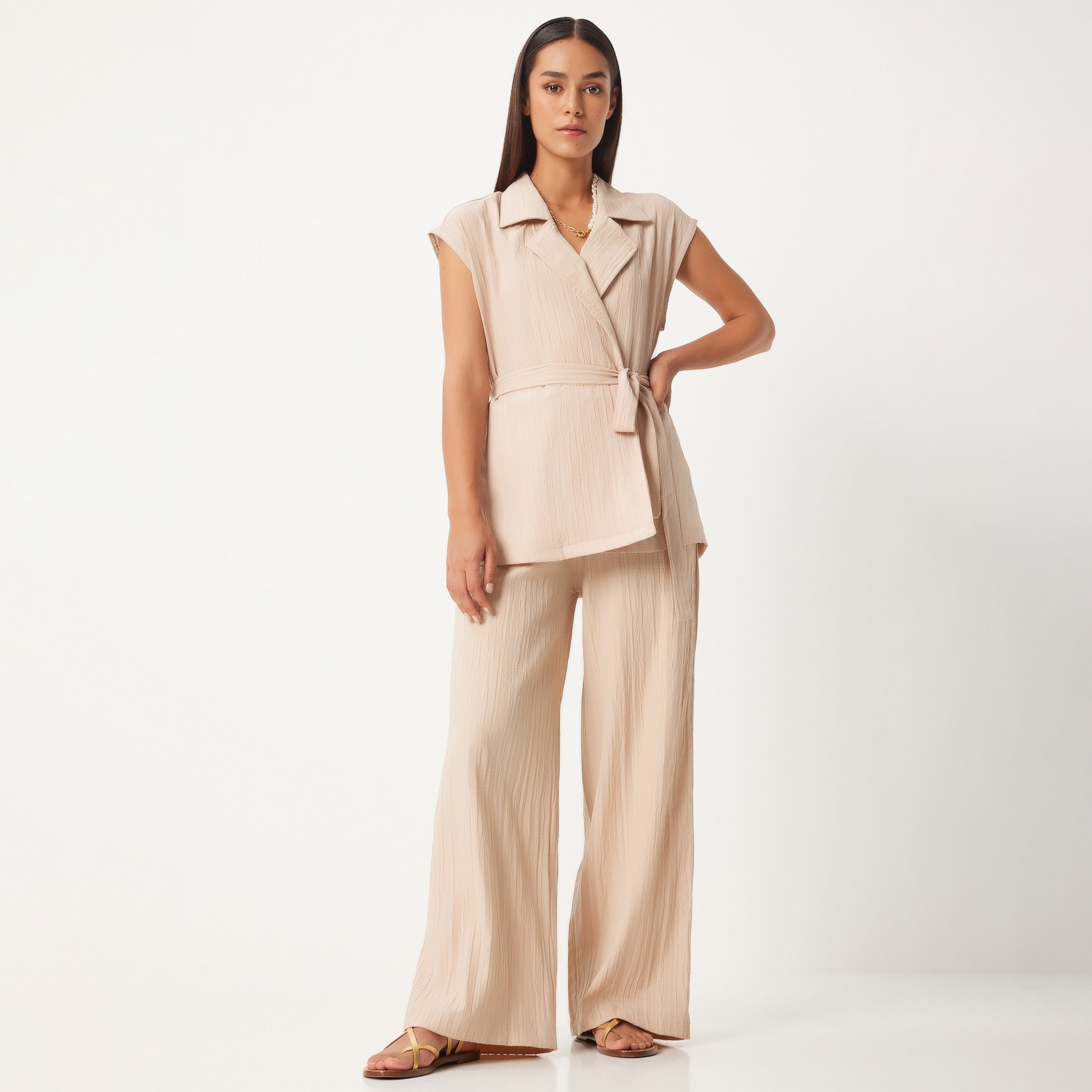 قميص أكمام قبعة ياقة مشقة بنسيج من Happiness istanbul وطقم نسائي بالازو التنسيقي-women-clothing-coordsets-image-1