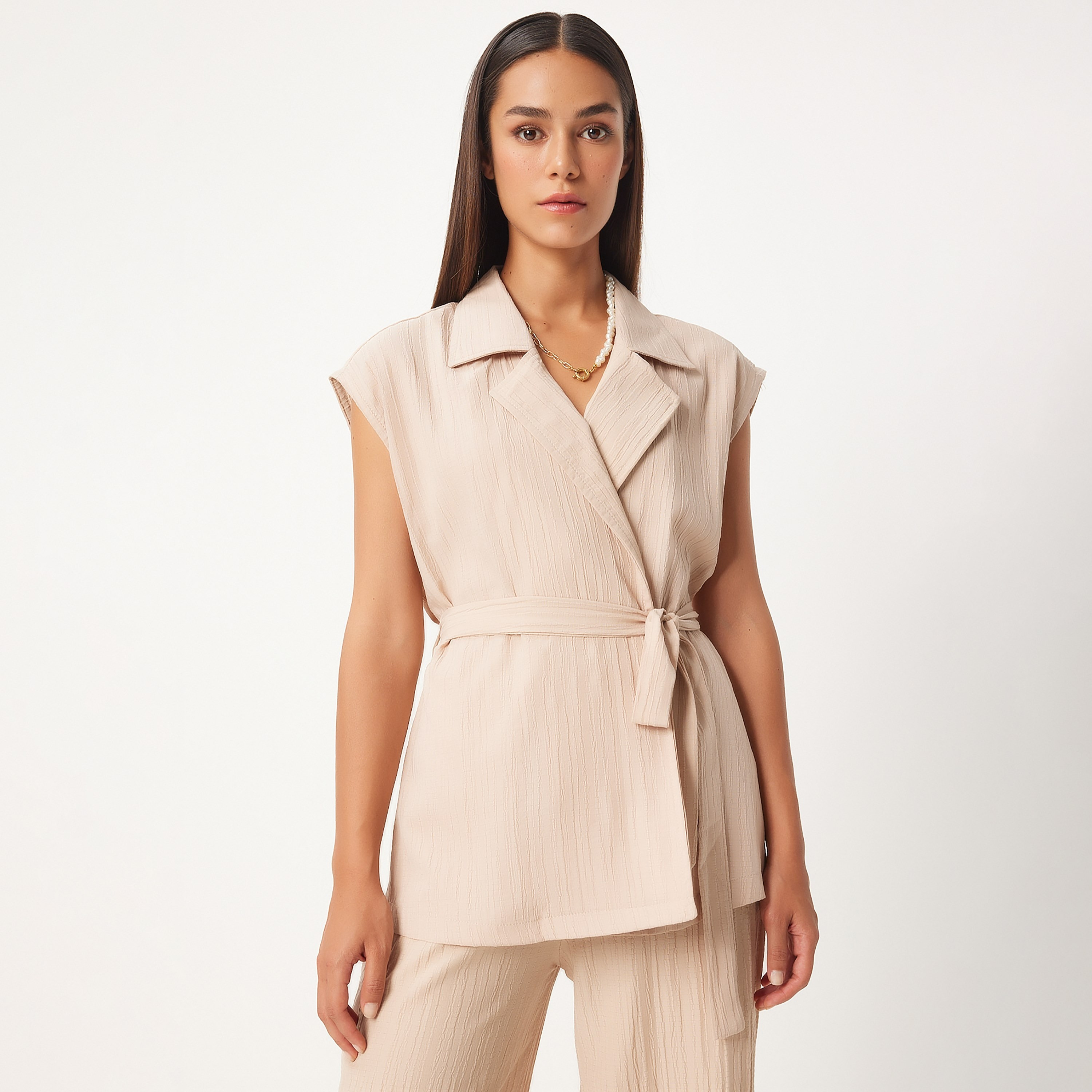 قميص أكمام قبعة ياقة مشقة بنسيج من Happiness istanbul وطقم نسائي بالازو التنسيقي-women-clothing-coordsets-image-2