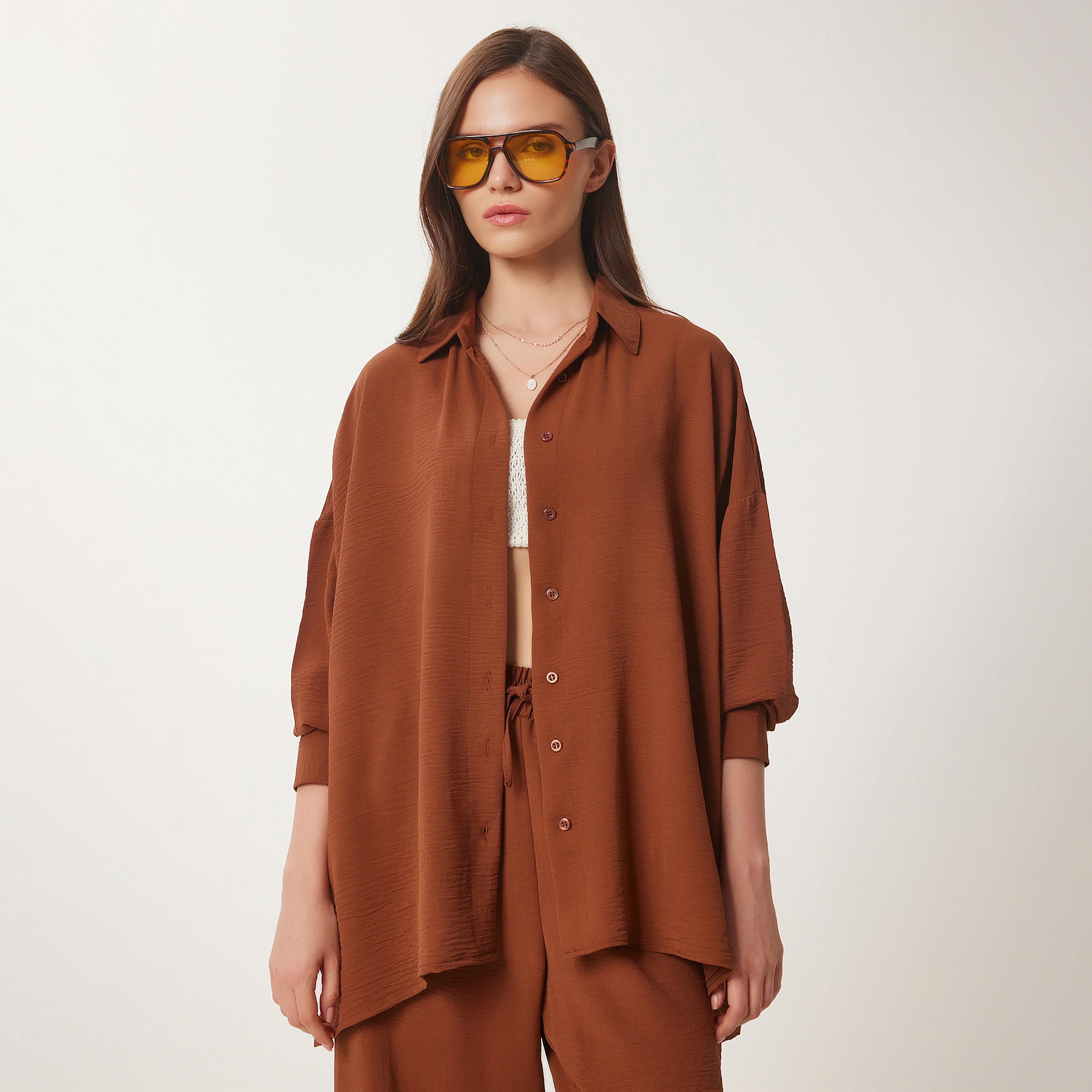 Happiness Istanbul Brown Women's Shirt & Trousers Set-women-clothing-coordsets-image-1