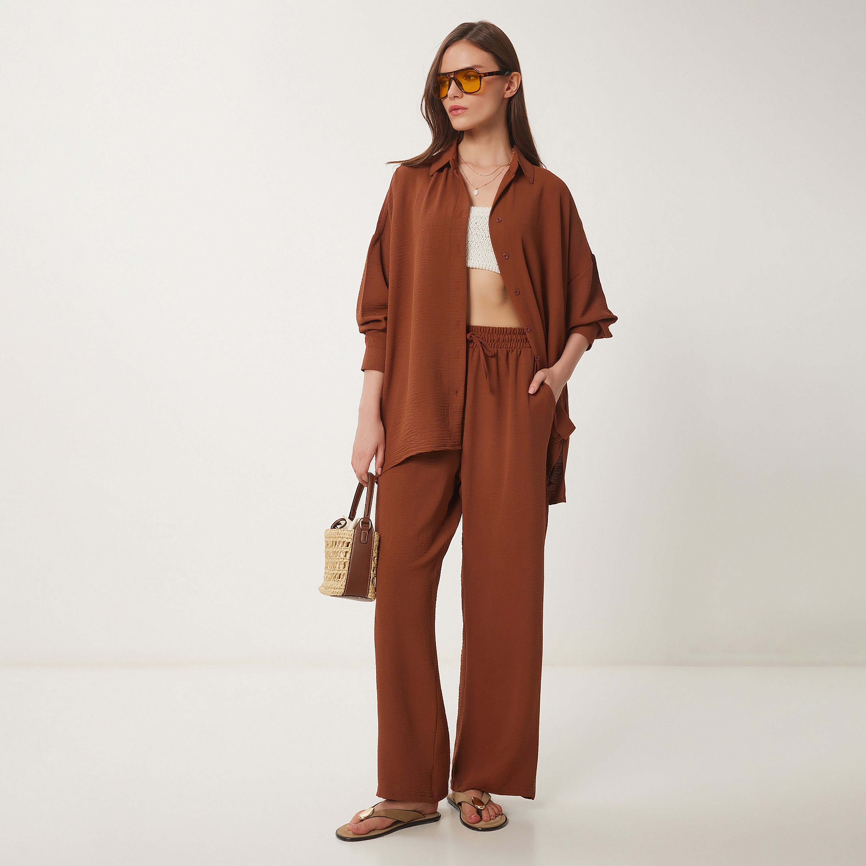 Happiness Istanbul Brown Women's Shirt & Trousers Set-women-clothing-coordsets-image-2
