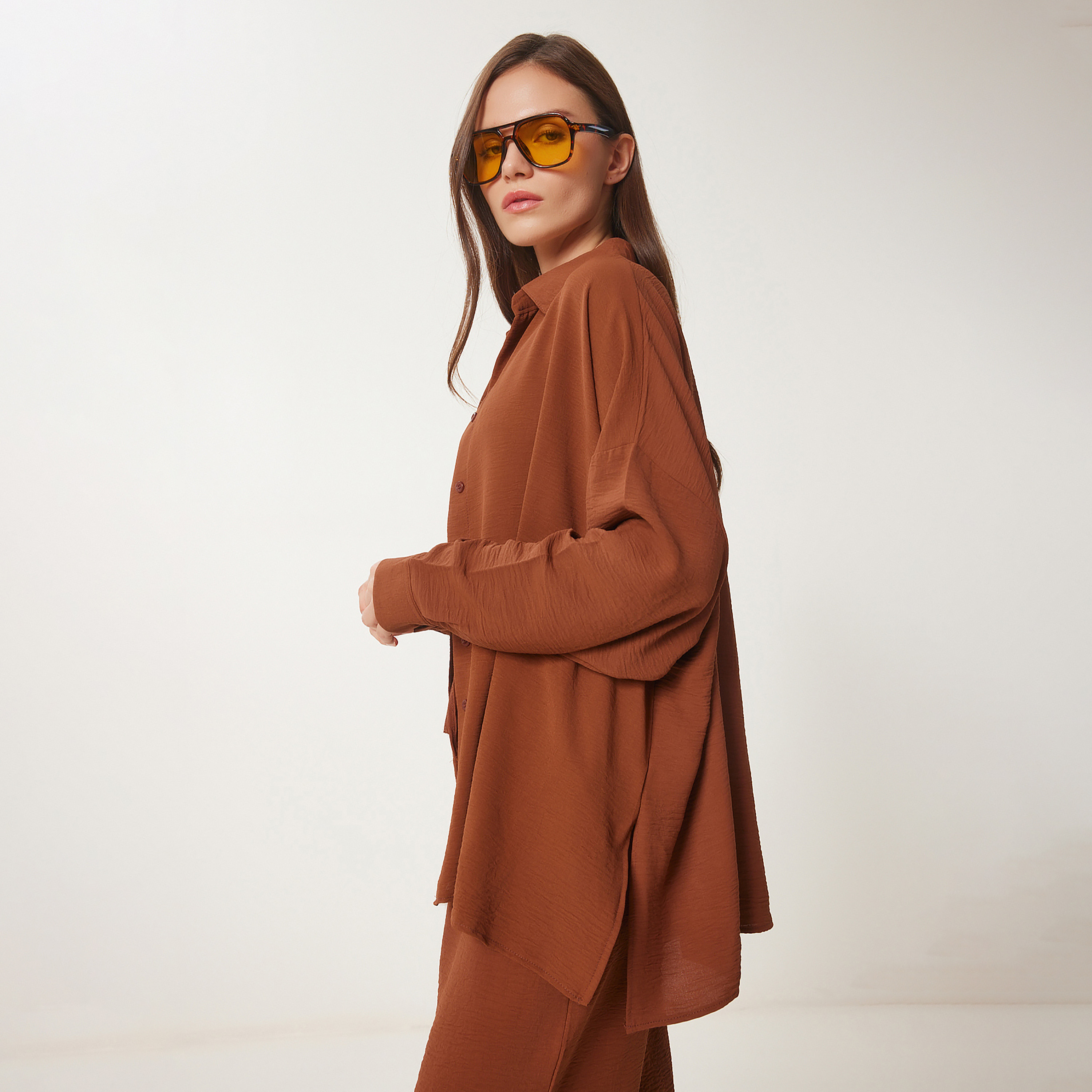 Happiness Istanbul Brown Women's Shirt & Trousers Set-women-clothing-coordsets-image-3