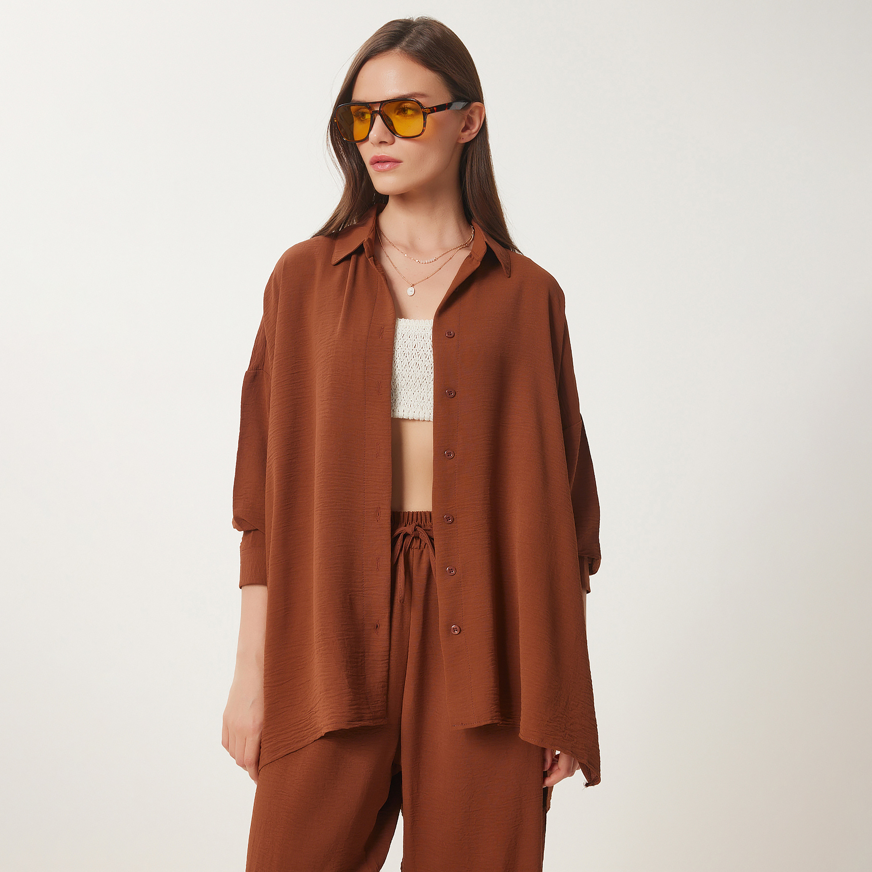 Happiness Istanbul Brown Women's Shirt & Trousers Set-women-clothing-coordsets-image-4