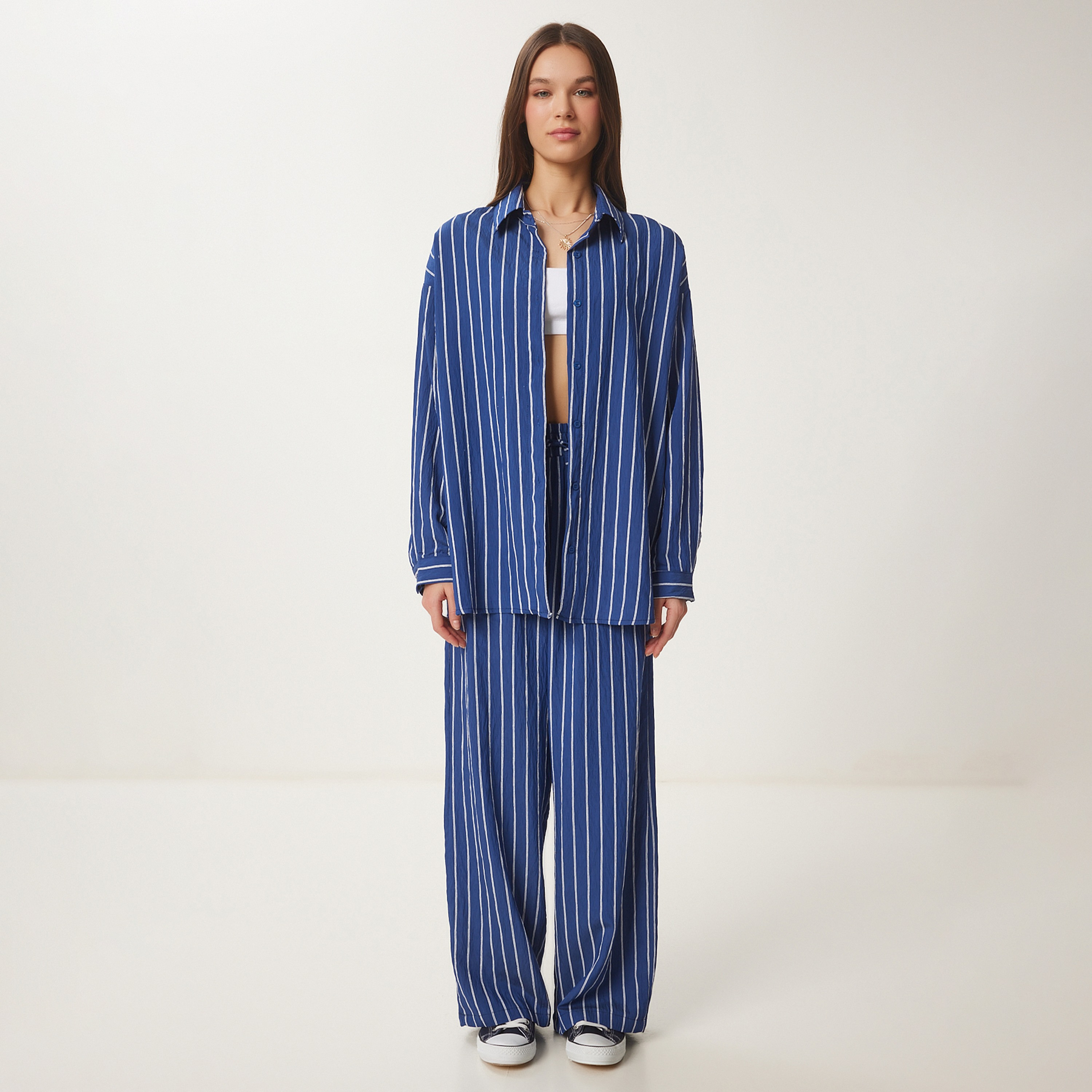 Happiness Istanbul Striped Collared Shirt & Trousers Women's Set-women-clothing-coordsets-image-1