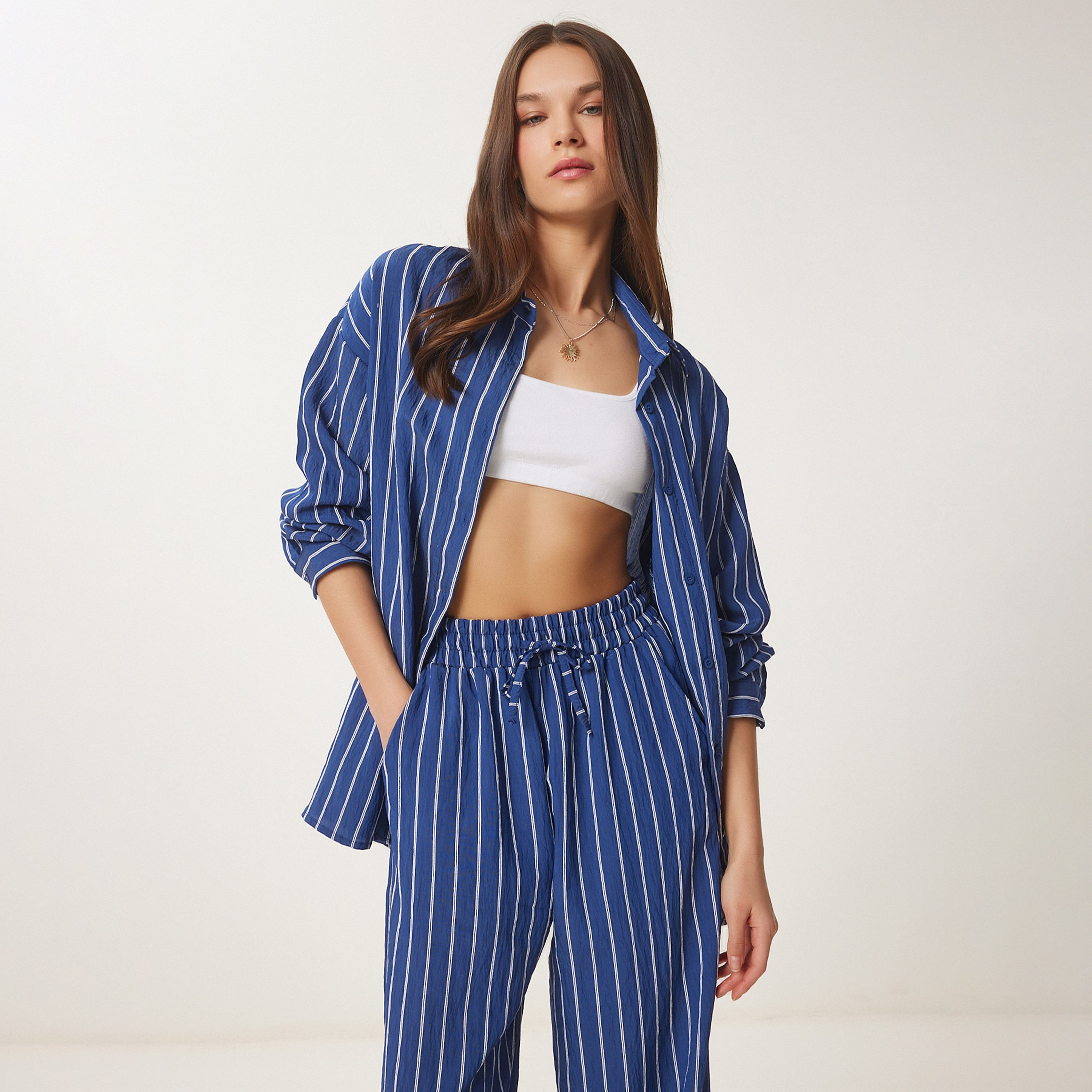 قميص وسراويل نسائية بياقة مخطط من إسطنبول من سعادة-women-clothing-coordsets-image-9