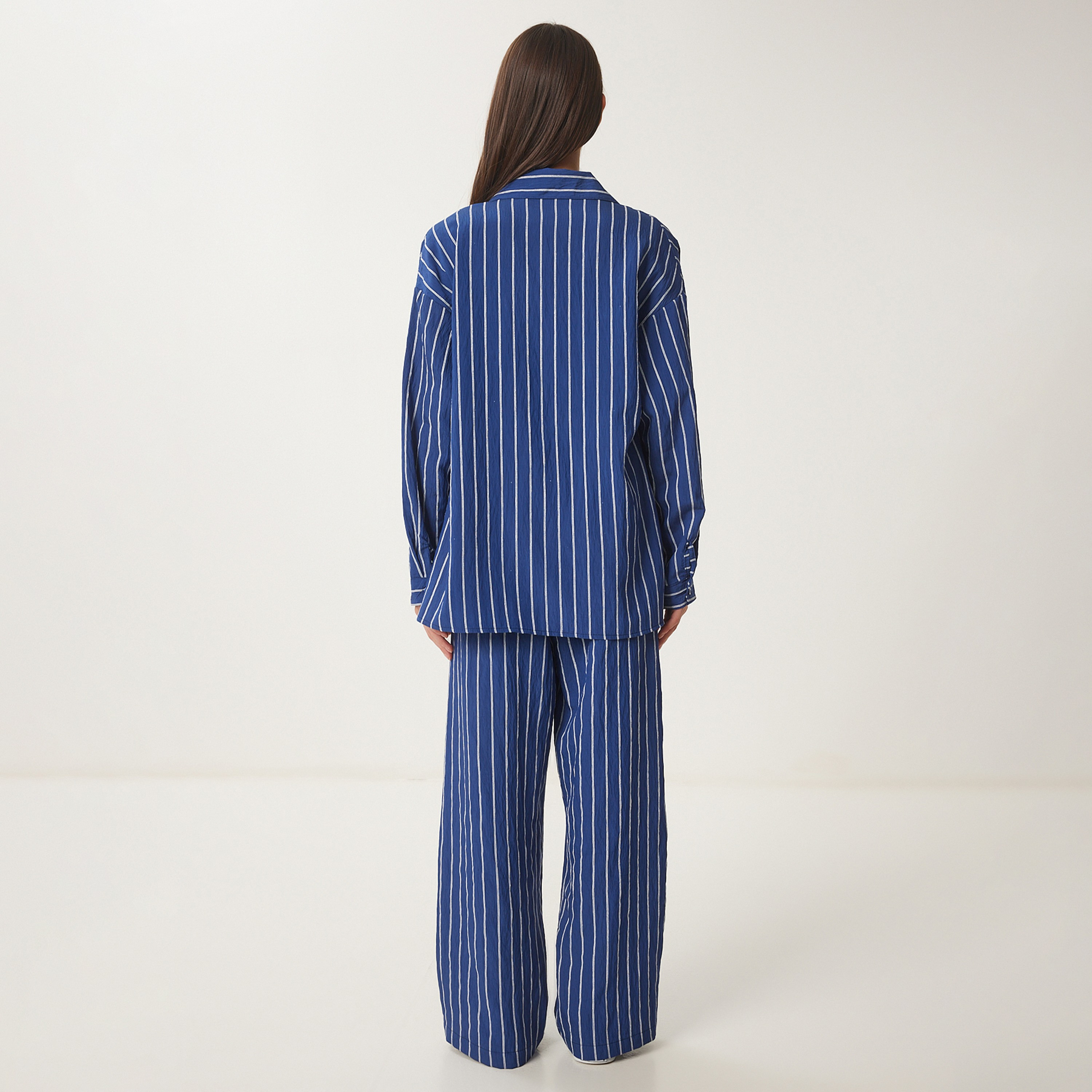 Happiness Istanbul Striped Collared Shirt & Trousers Women's Set-women-clothing-coordsets-image-4