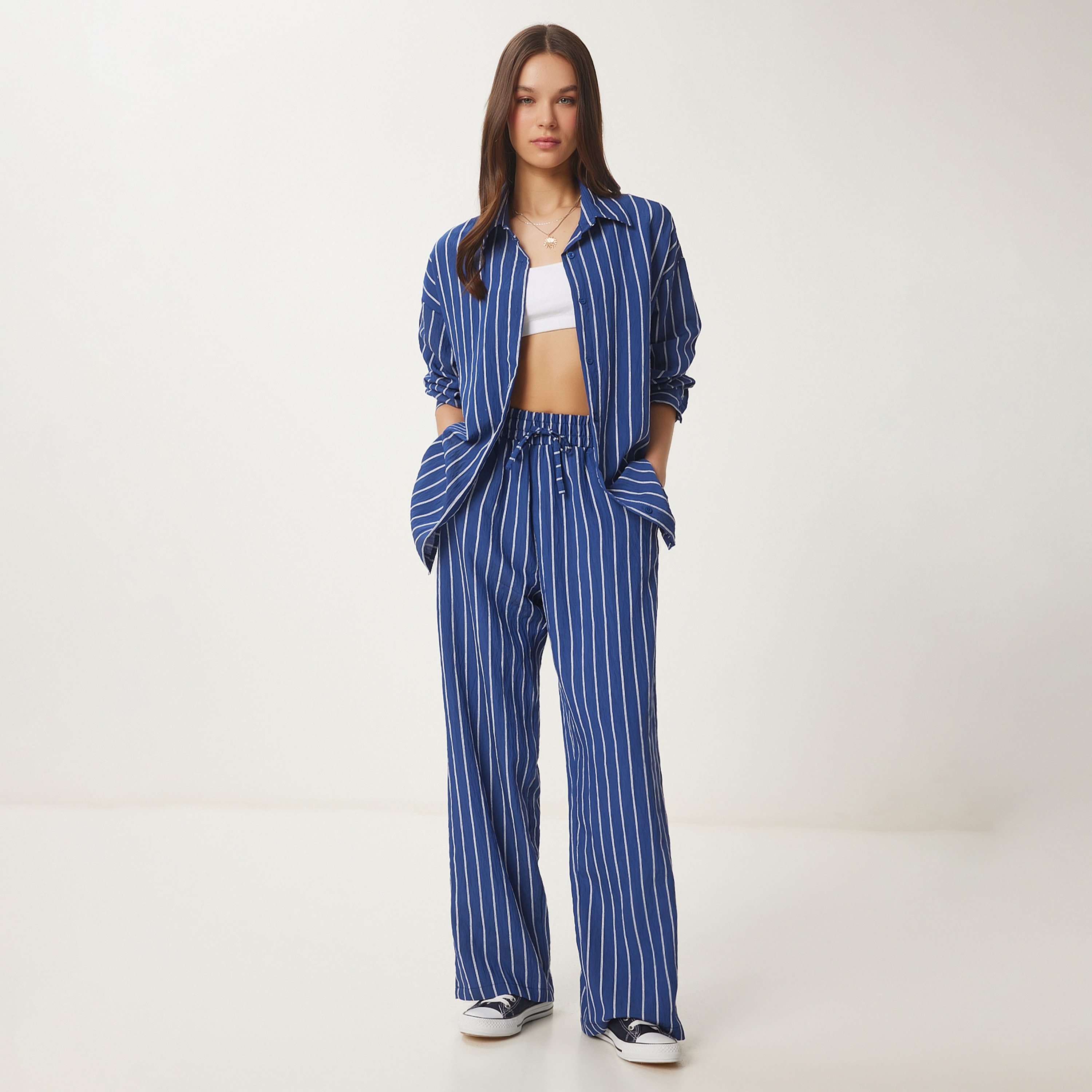 Happiness Istanbul Striped Collared Shirt & Trousers Women's Set-women-clothing-coordsets-image-6