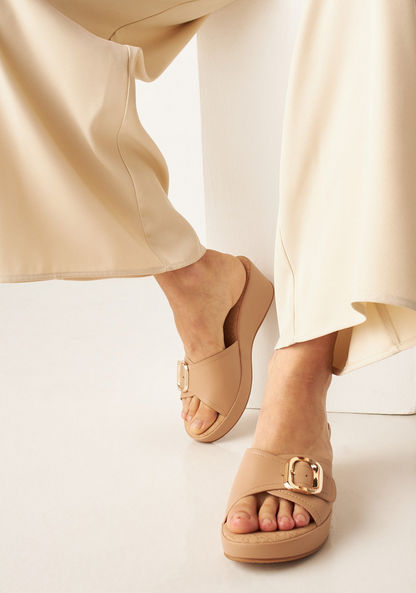 Le Confort Buckle Accent Slip-On Sandals with Wedge Heels-Women%27s Heel Sandals-image-0
