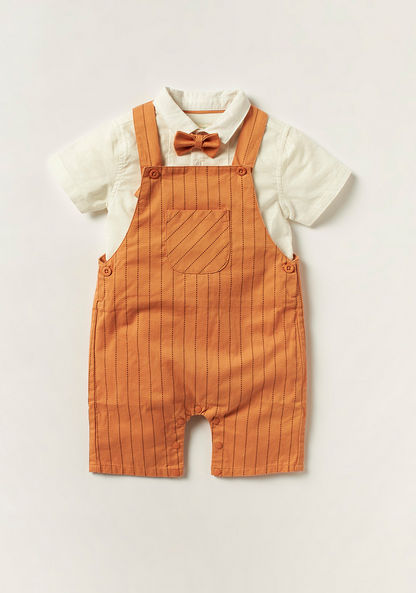 Juniors Solid Shirt with Striped Dungarees and Bow Detail-Clothes Sets-image-0