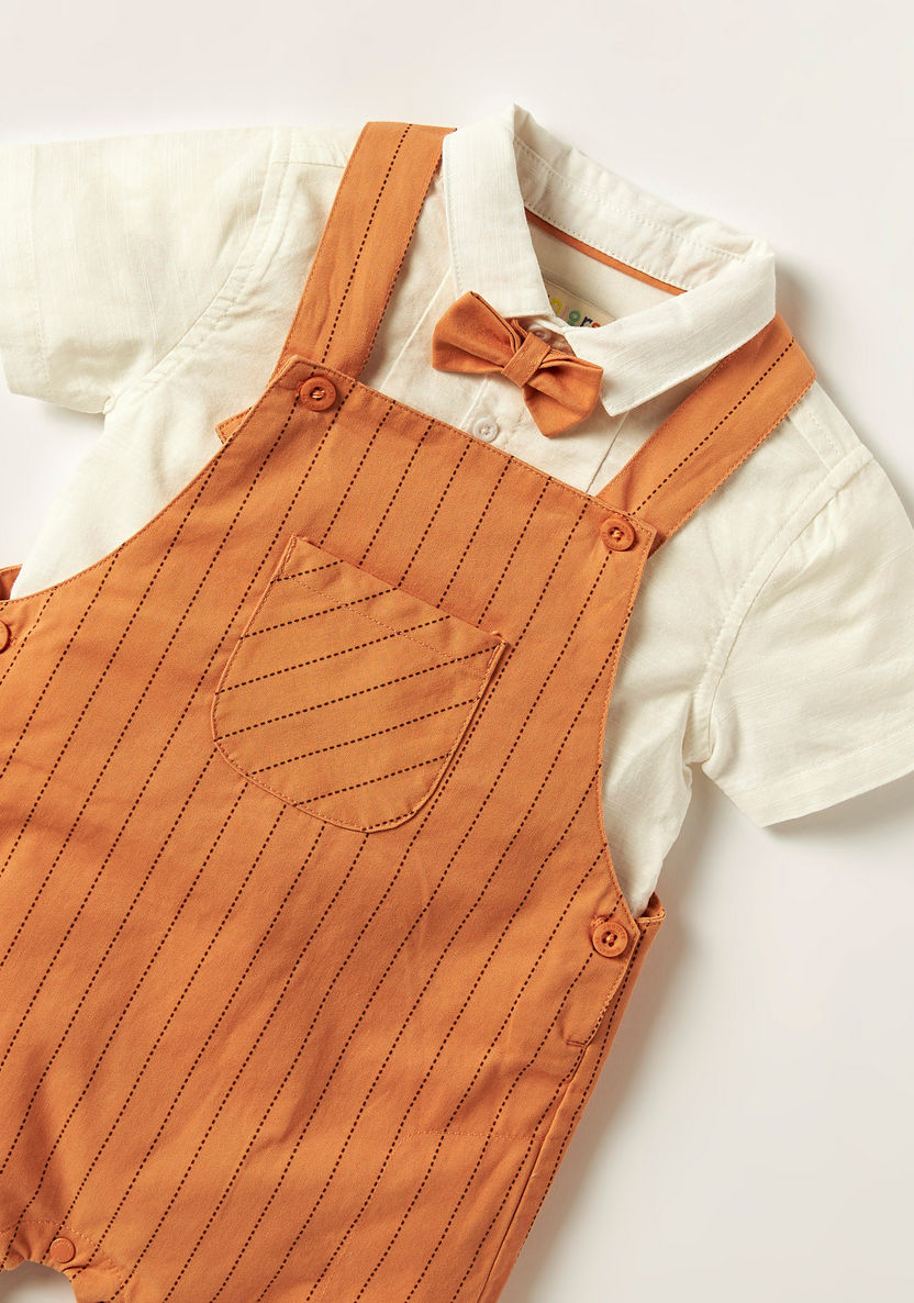 Juniors Solid Shirt with Striped Dungarees and Bow Detail-Clothes Sets-image-1