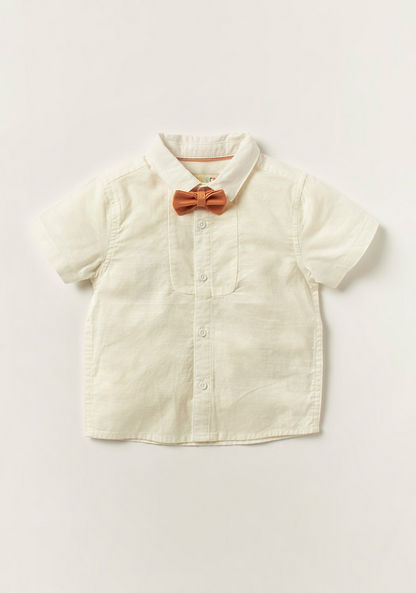 Juniors Solid Shirt with Striped Dungarees and Bow Detail-Clothes Sets-image-3