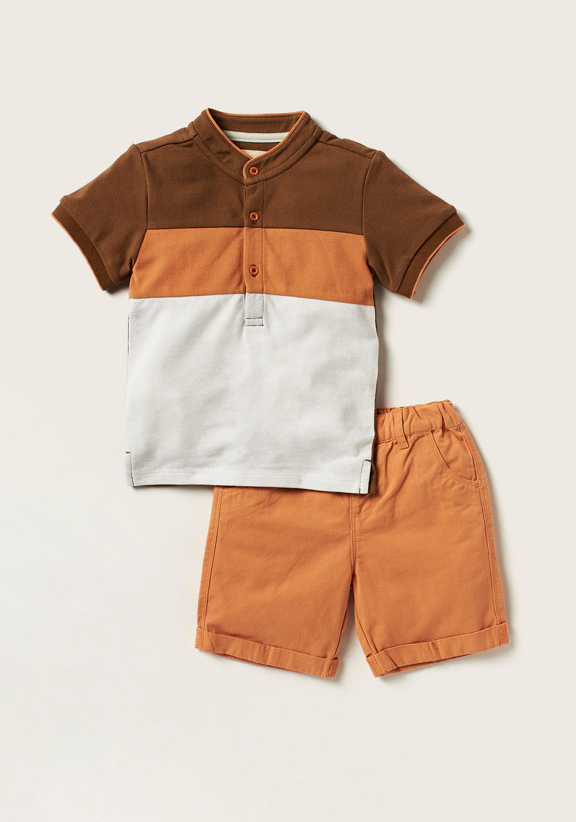Juniors Colourblock T-shirt with Mandarin Collar and Shorts Set-Clothes Sets-image-0