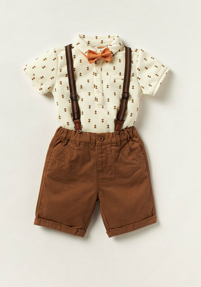 Juniors Printed Bodysuit and Shorts with Suspenders