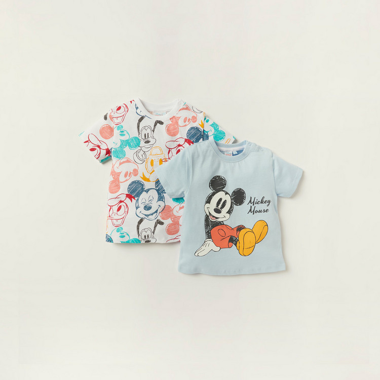 Disney Mickey Mouse Print Crew Neck T-shirt with Short Sleeves - Set of 2