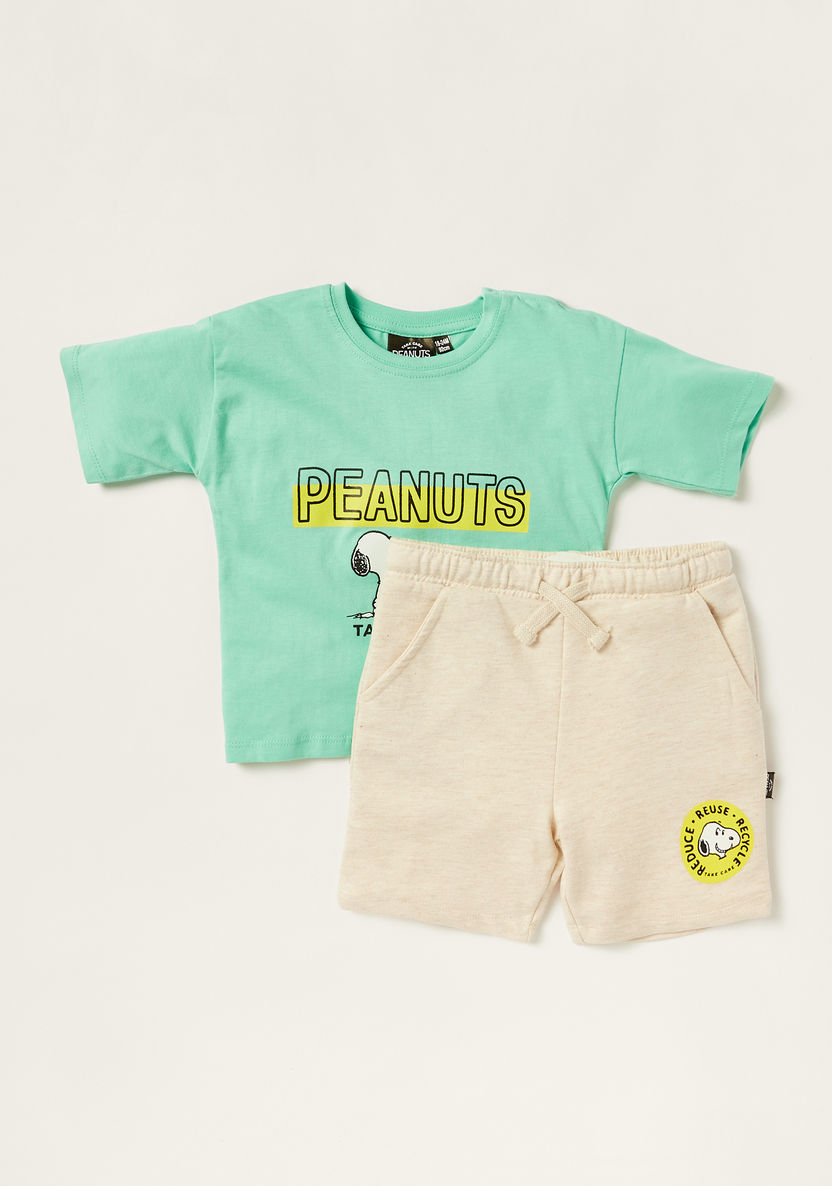Peanuts Print Crew Neck T-shirt and Shorts Set-Clothes Sets-image-0