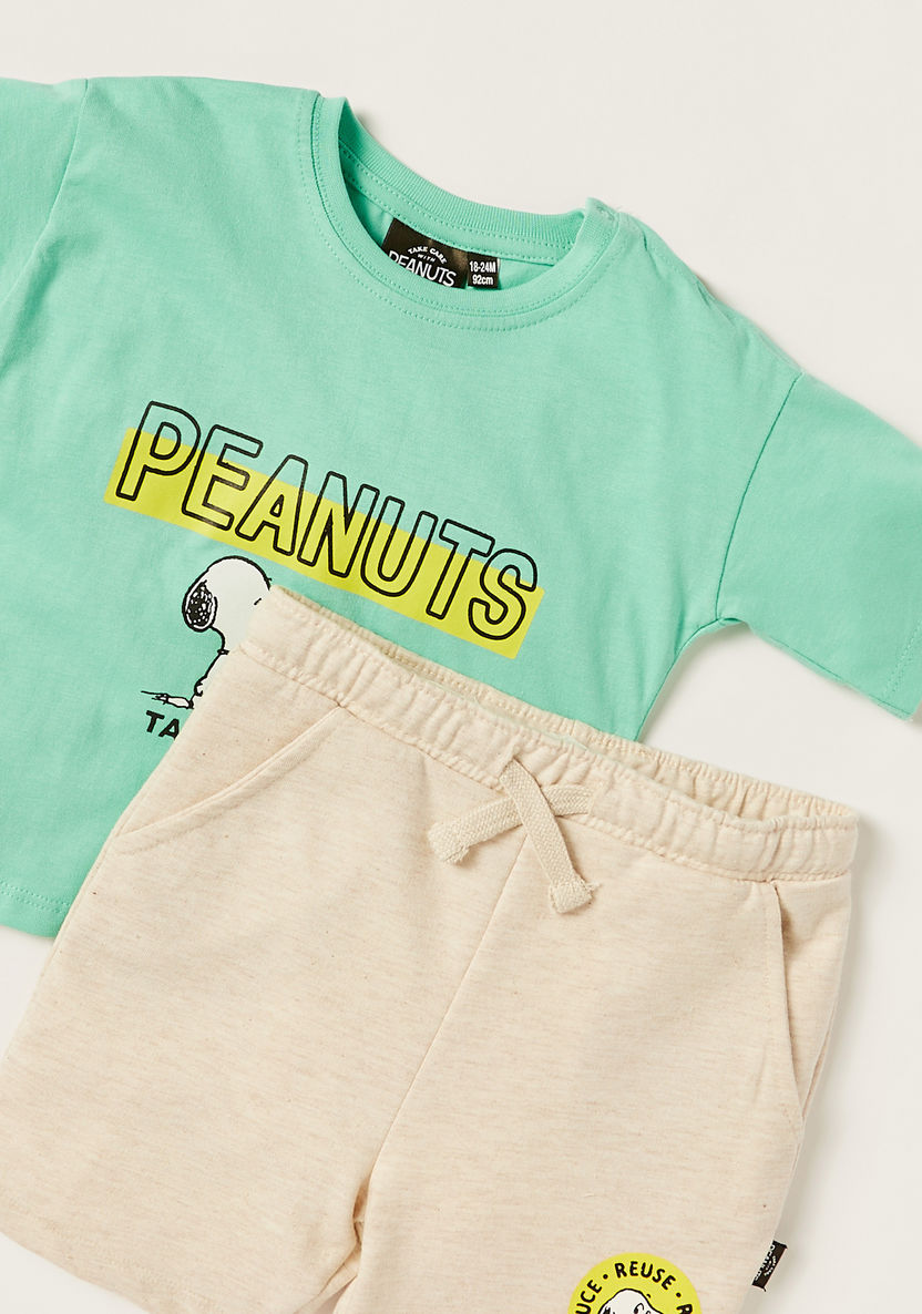 Peanuts Print Crew Neck T-shirt and Shorts Set-Clothes Sets-image-1