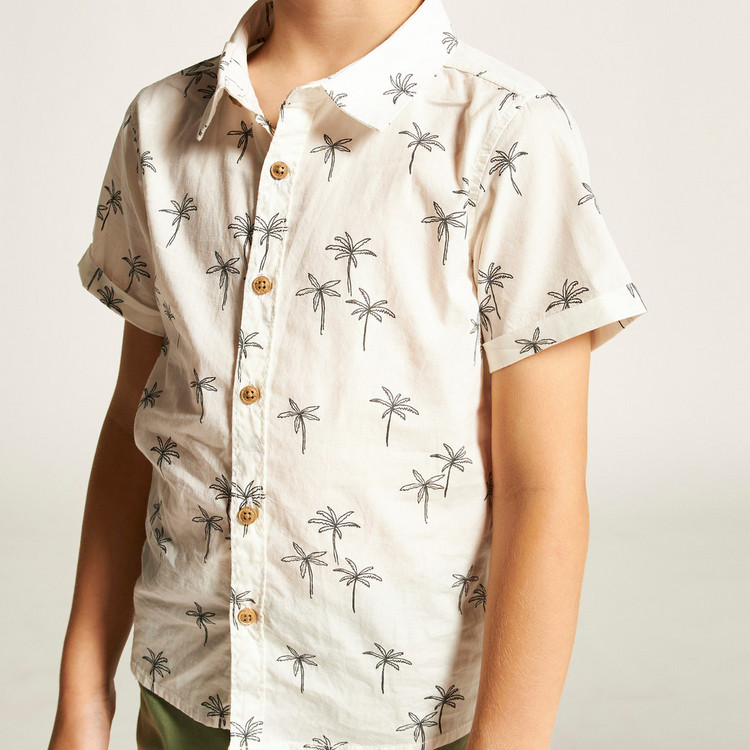 Juniors Tropical Print Shirt with Short Sleeves and Button Closure
