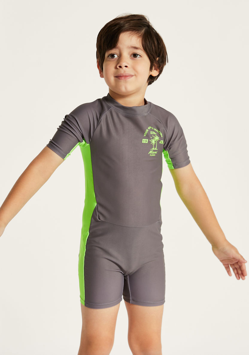 Juniors Printed Swimsuit with Short Sleeves and Zip Closure-Swimwear-image-1