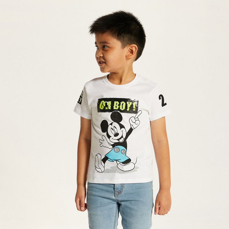 Disney Mickey Mouse Print T-shirt with Crew Neck and Short Sleeves