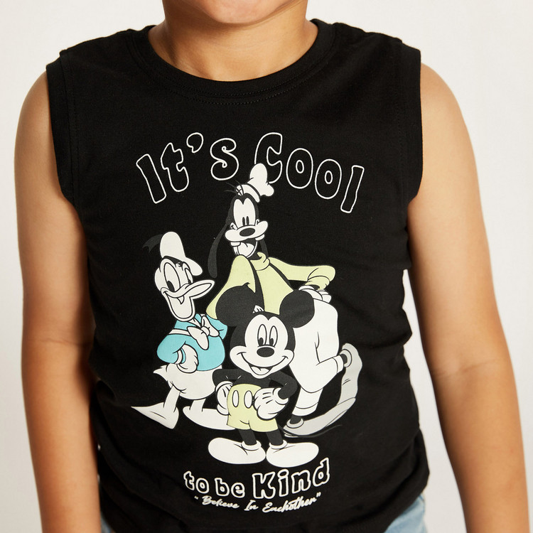 Disney Mickey Mouse Print Sleeveless T-shirt with Crew Neck