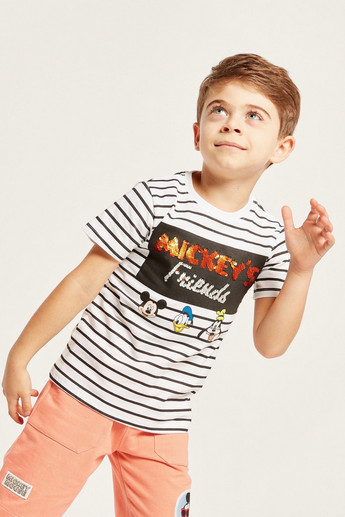 Disney Mickey and Friends Striped Crew Neck T-shirt with Short Sleeves