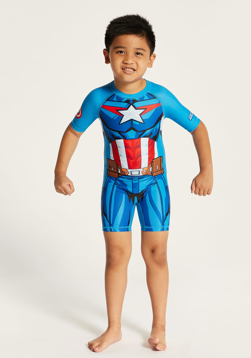 Captain America Print Swimsuit with Round Neck and Short Sleeves-Swimwear-image-0