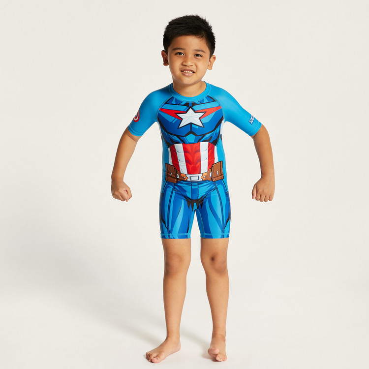 Captain America Print Swimsuit with Round Neck and Short Sleeves