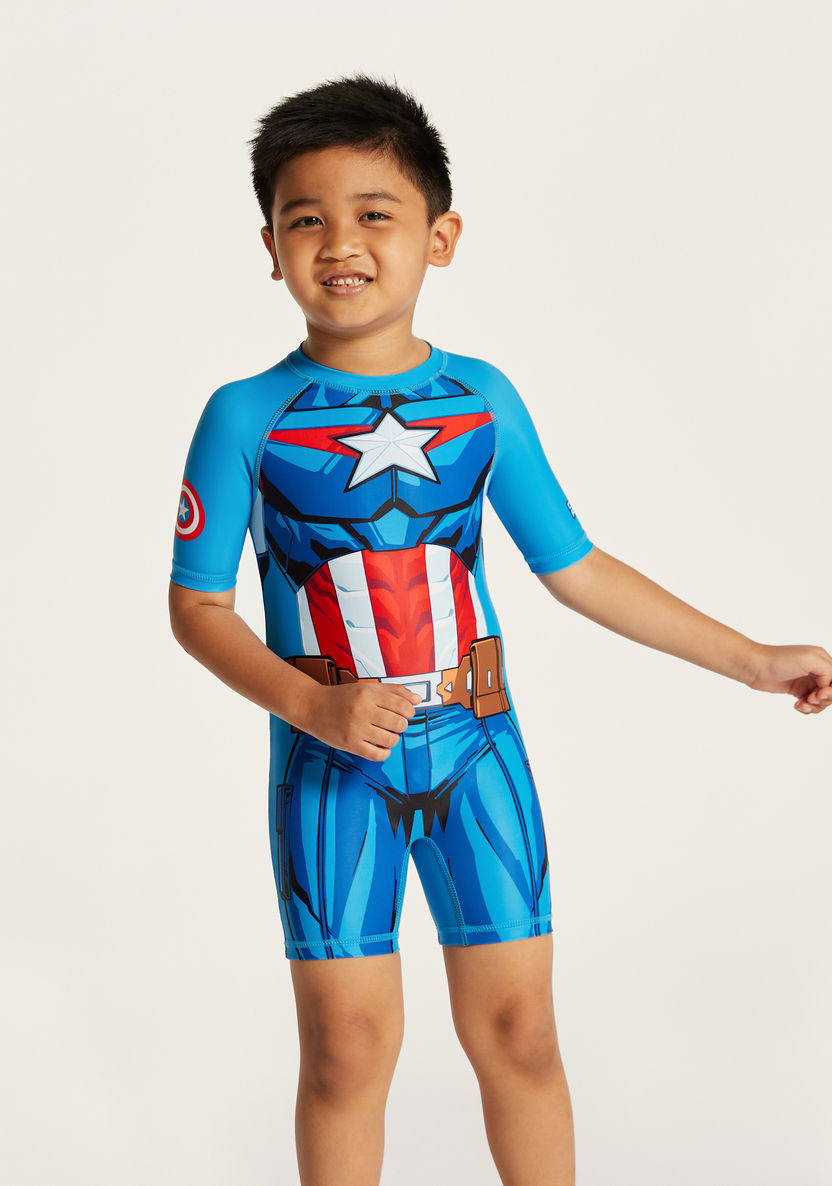 Captain America Print Swimsuit with Round Neck and Short Sleeves-Swimwear-image-1