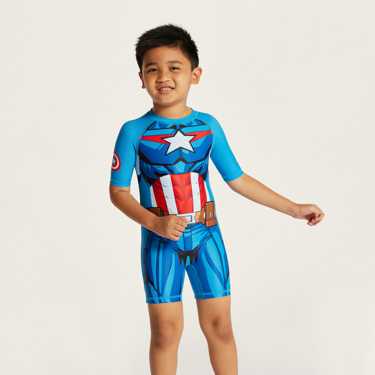 Captain America Print Swimsuit with Round Neck and Short Sleeves