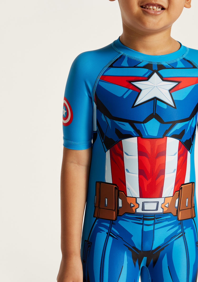 Captain America Print Swimsuit with Round Neck and Short Sleeves-Swimwear-image-2