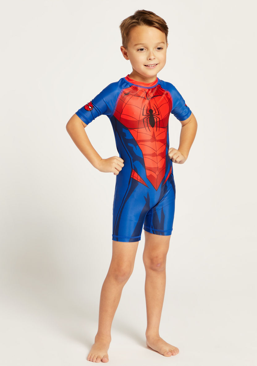 Spider-Man Print Swimsuit with Short Sleeves-Swimwear-image-0