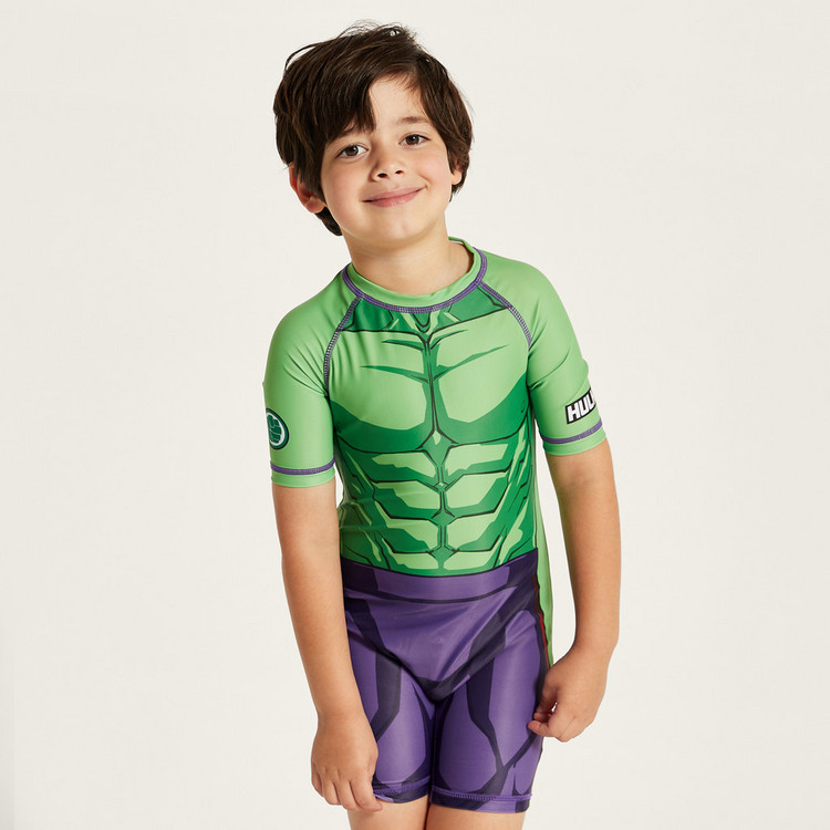 Avengers Print Swimsuit with Short Sleeves and Zip Closure