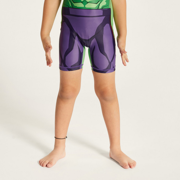 Avengers Print Swimsuit with Short Sleeves and Zip Closure