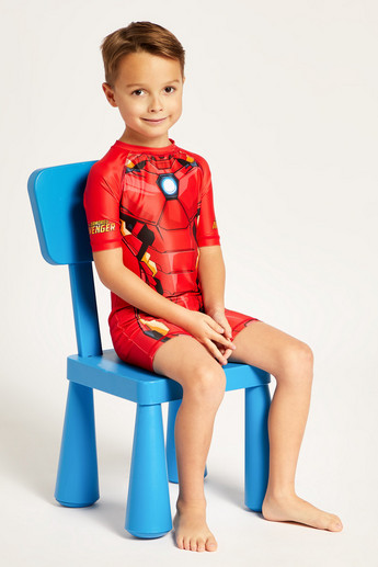 Iron Man Print Short Sleeves Swimsuit with Zip Closure