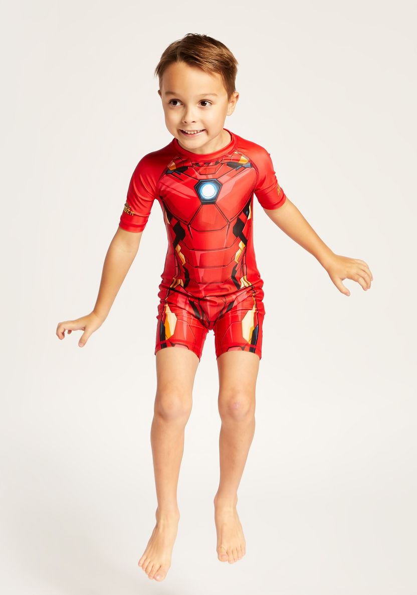 Iron Man Print Short Sleeves Swimsuit with Zip Closure-Swimwear-image-1
