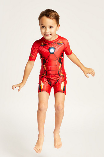 Iron Man Print Short Sleeves Swimsuit with Zip Closure