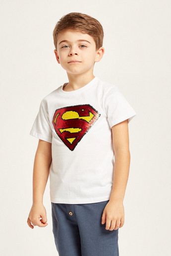 Super-Man Sequin Embellished T-shirt with Short Sleeves