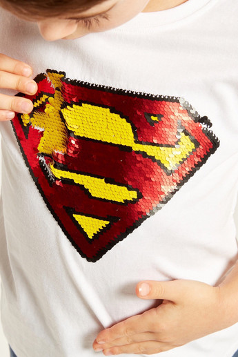 Super-Man Sequin Embellished T-shirt with Short Sleeves