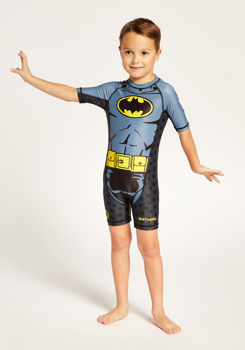 Batman Print Round Neck Swimsuit with Short Sleeves-Swimwear-image-0