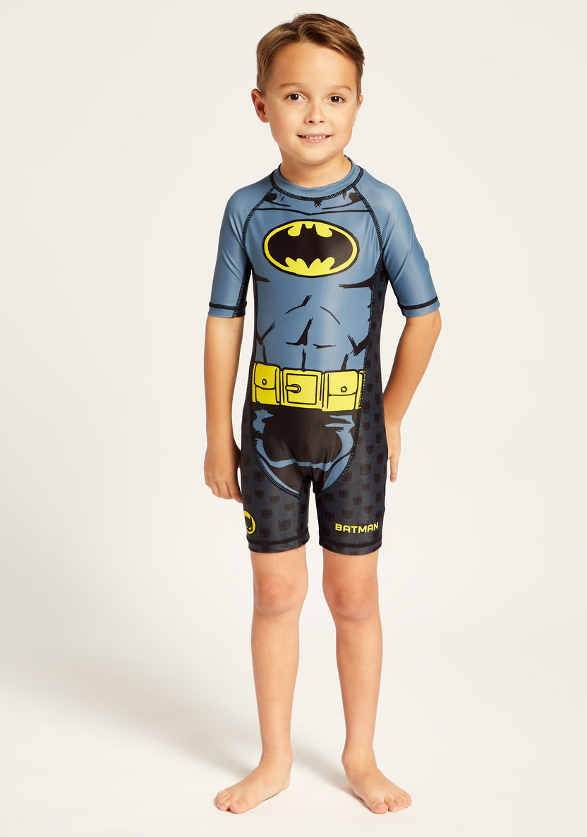 Batman Print Round Neck Swimsuit with Short Sleeves-Swimwear-image-1