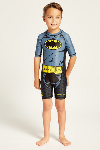 Batman Print Round Neck Swimsuit with Short Sleeves
