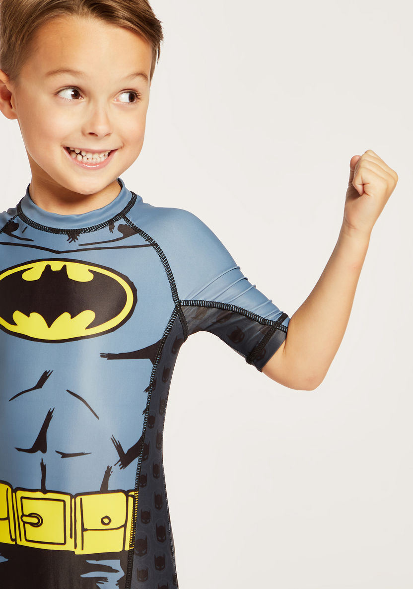 Batman Print Round Neck Swimsuit with Short Sleeves-Swimwear-image-2