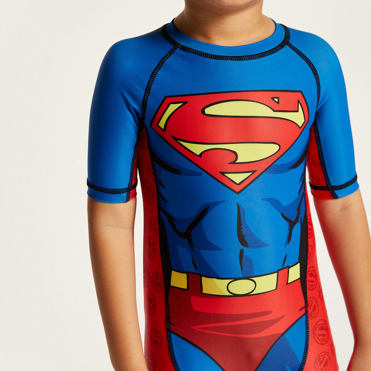 Superman Print Swimsuit with Round Neck and Short Sleeves