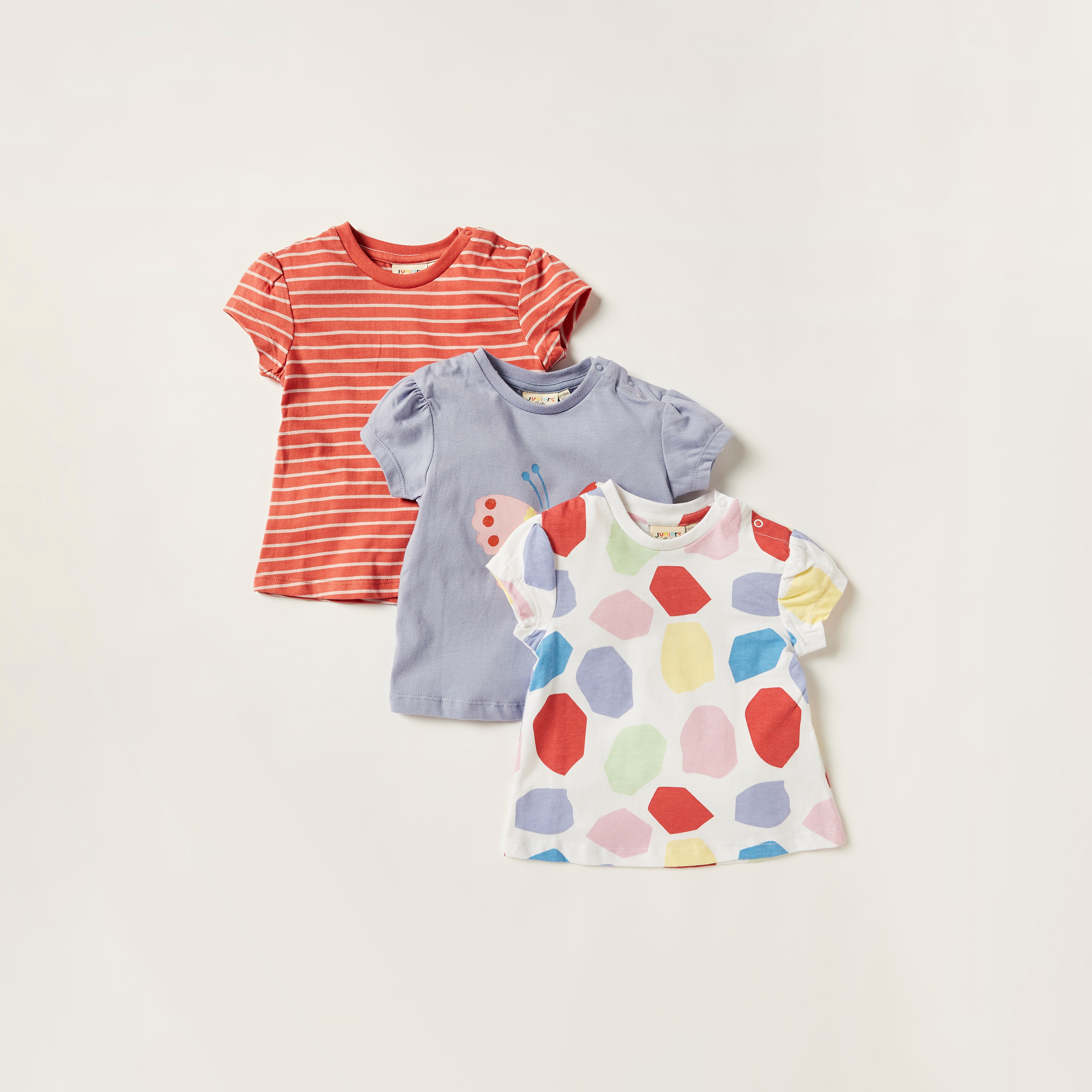 Juniors Printed Crew Neck T-shirt with Short Sleeves - Set of 3-baby-girls-clothing-multipacks-image-1