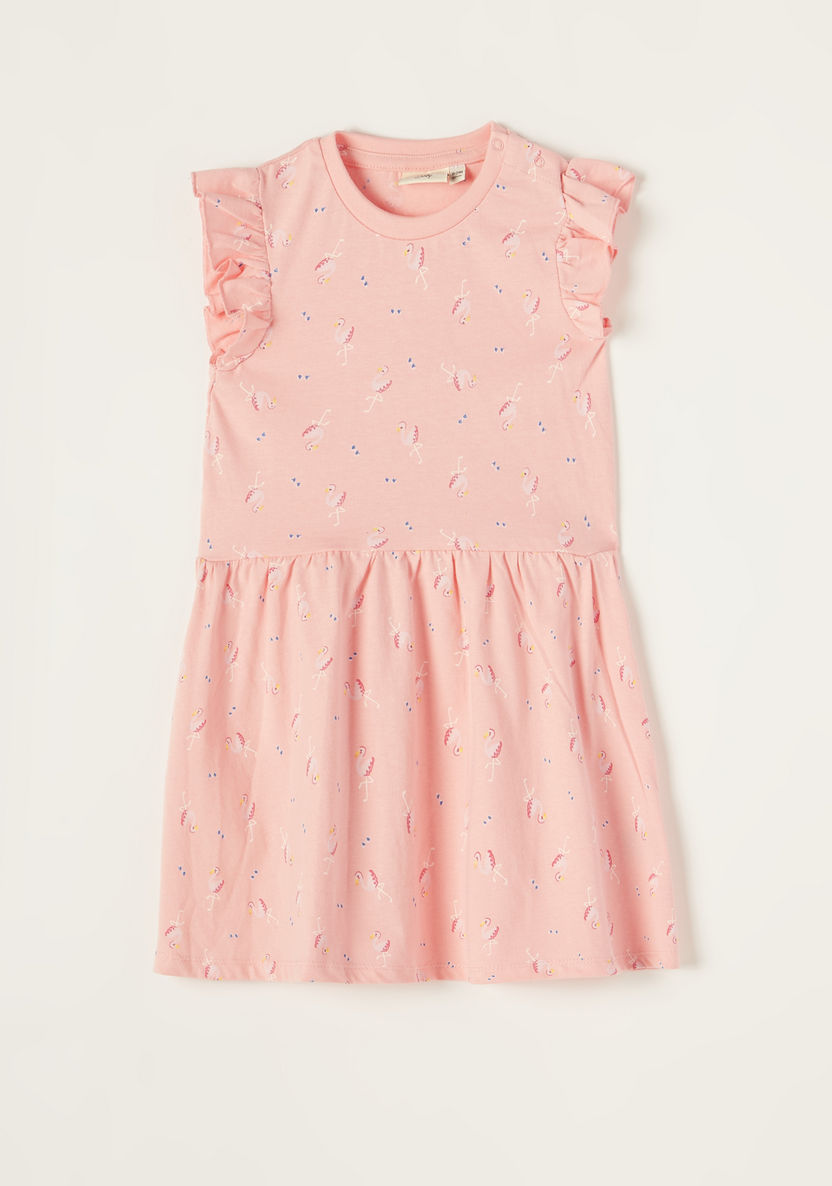 Juniors Flamingo Print Crew Neck Dress with Ruffle Detail-Dresses%2C Gowns and Frocks-image-0