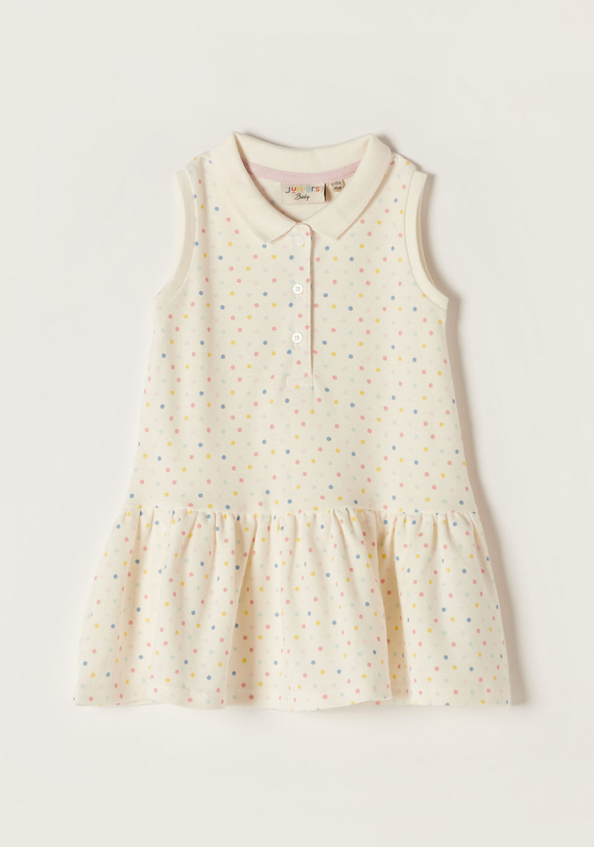 Juniors Polka Dot Sleeveless Polo Dress with Button Closure-Dresses%2C Gowns and Frocks-image-0