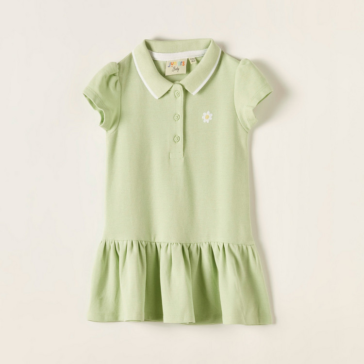 Juniors Solid Polo Dress with Cap Sleeves and Flounce Hem