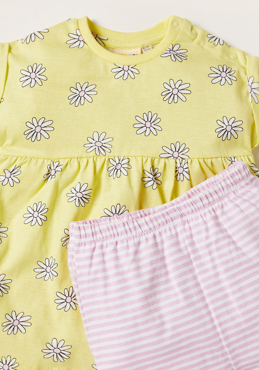 Juniors Floral Print Crew Neck Top and Striped Leggings Set-Clothes Sets-image-3