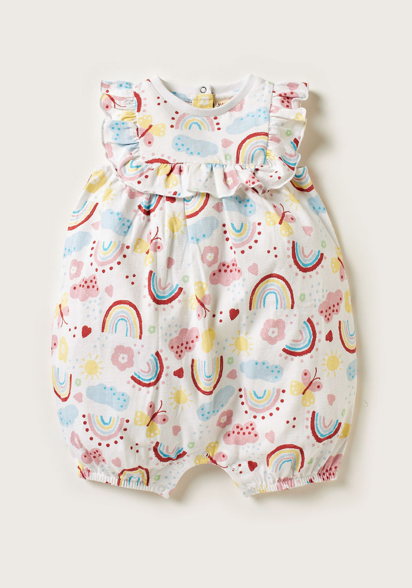 Juniors Printed Sleeveless Romper with Ruffle Detail and Button Closure-Rompers%2C Dungarees and Jumpsuits-image-0